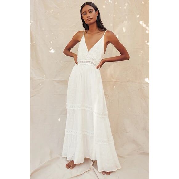 NEW Lulus Light Breeze White Striped Crochet Lace Tiered Maxi Dress Size Small - Picture 14 of 14